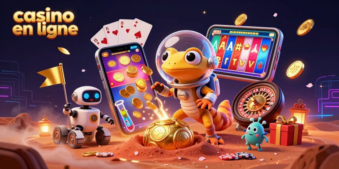 Illustration d'un casino en ligne avec un gecko martien et un robot sur Mars, entouré de jeux de casino.