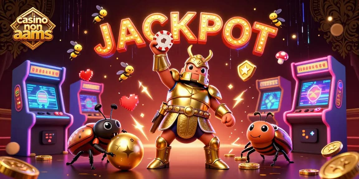 Gioca nei casino non AAMS: un coleottero vittorioso alza un gettone, circondato da dettagli luminosi e slot machines.
