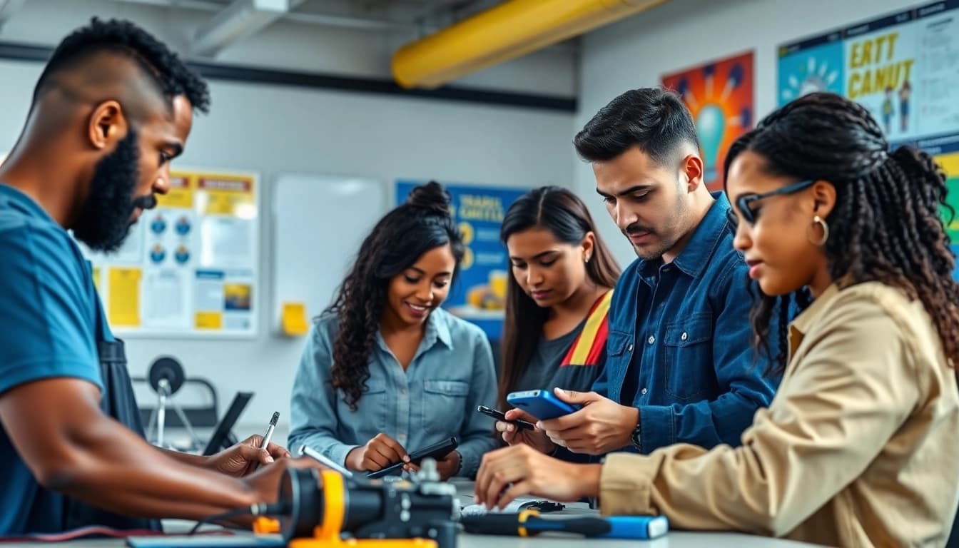 Engaged students in hands-on training at trade schools in southern California demonstrate collaboration and skill development.