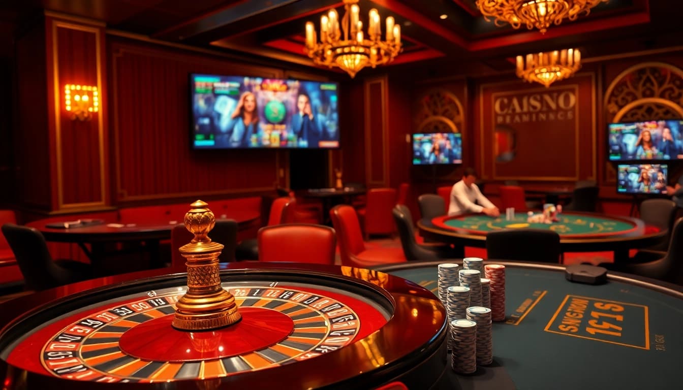 Scène immersive mettant en avant le meilleur casino en ligne avec des tables de roulette et de poker vibrantes, ambiance chaleureuse.