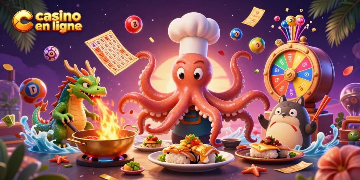Illustration dynamique de casino en ligne avec un chef sushi, un dragon et un client jouant
