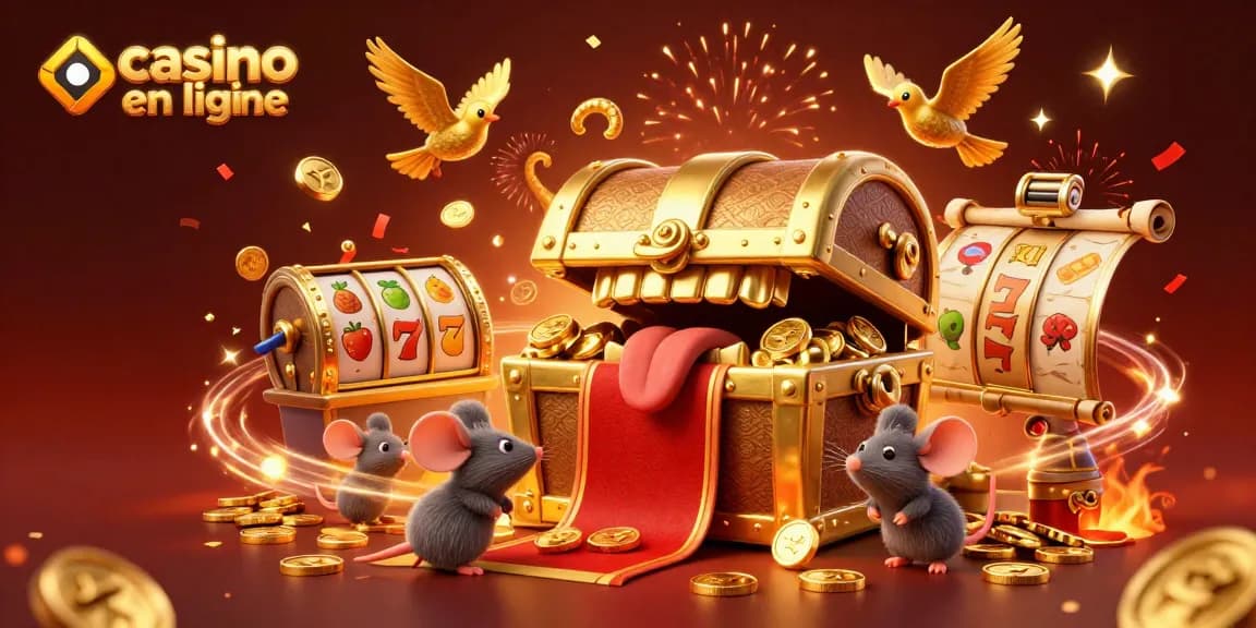 Jouez à un casino en ligne avec un coffre au trésor attirant, entouré d'éléments de machine à sous.