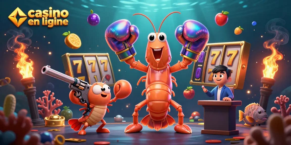 Illustration dynamique de jeux de casino en ligne avec un manteau, une crevette et un groupe de coraux.