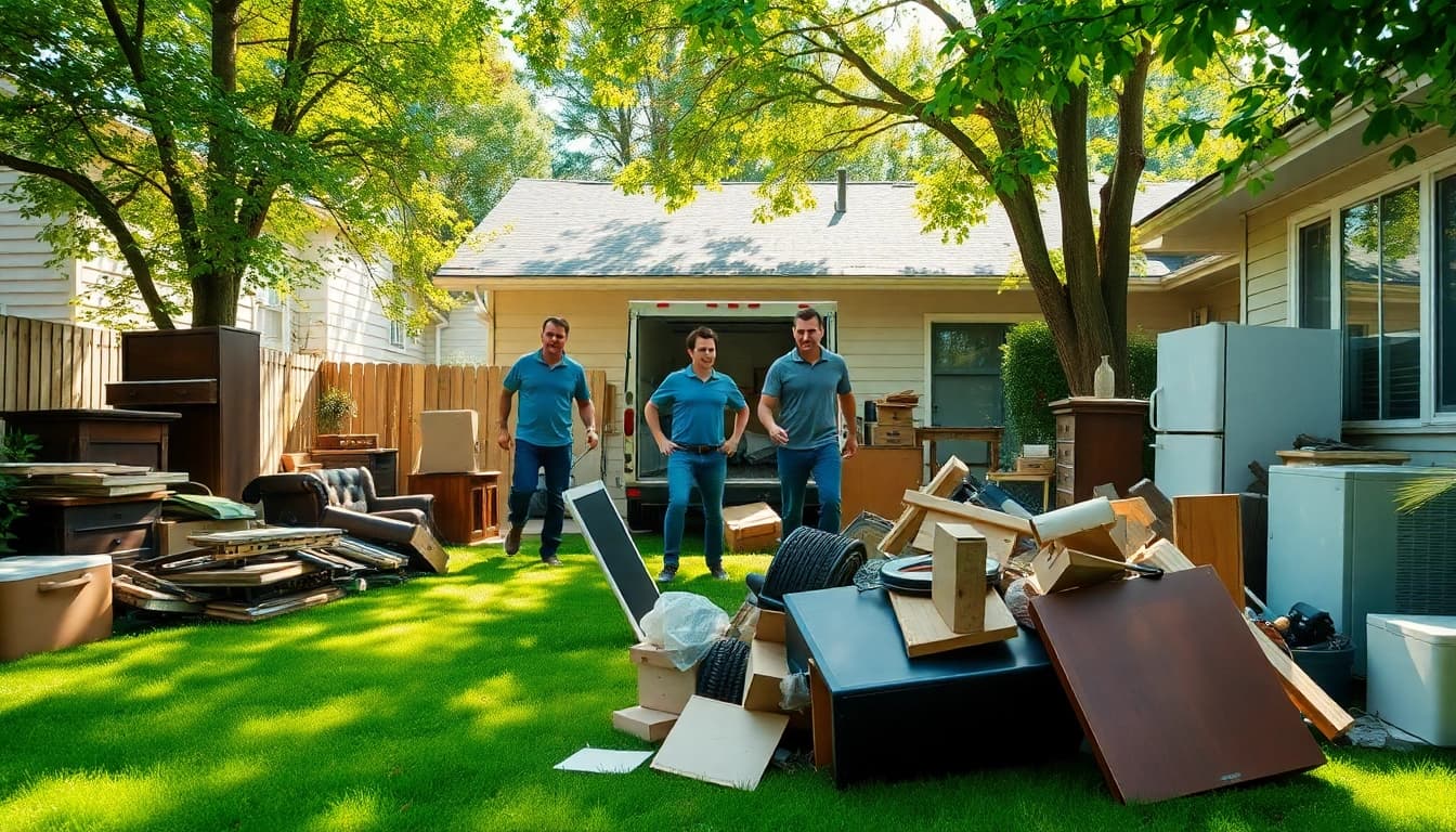 Team performing same day junk removal Nashville while clearing clutter from a backyard.