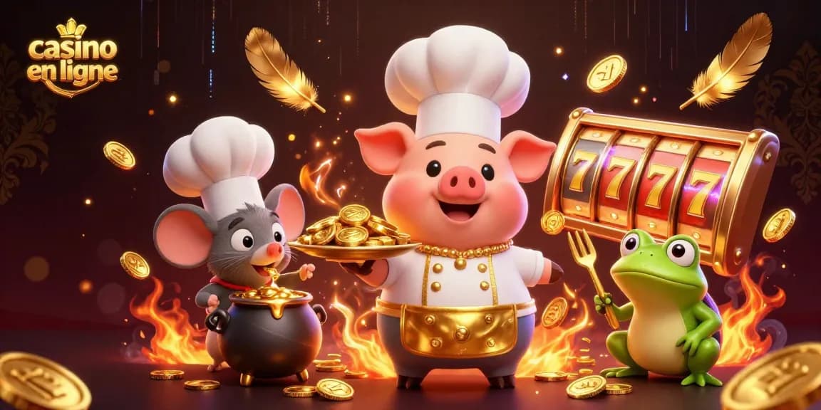 Jouez aux jeux de casino en ligne avec la chef cochon servant des pièces d'or.