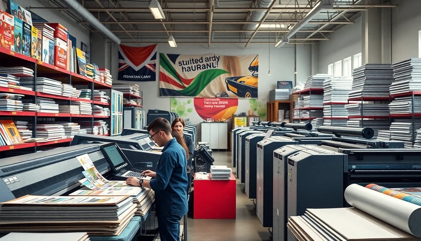 Showcase of Edmonton printing services with vibrant staff and colorful printed materials.