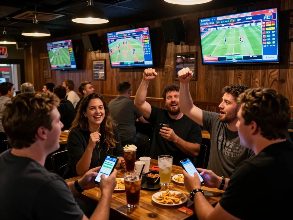 Cakhia sports fans placing bets on exciting live games with smartphones, engaging atmosphere