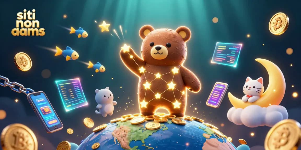 Scommetti nei siti non AAMS con una scena vivace, animata da un orso di costellazione e monete di criptovaluta.