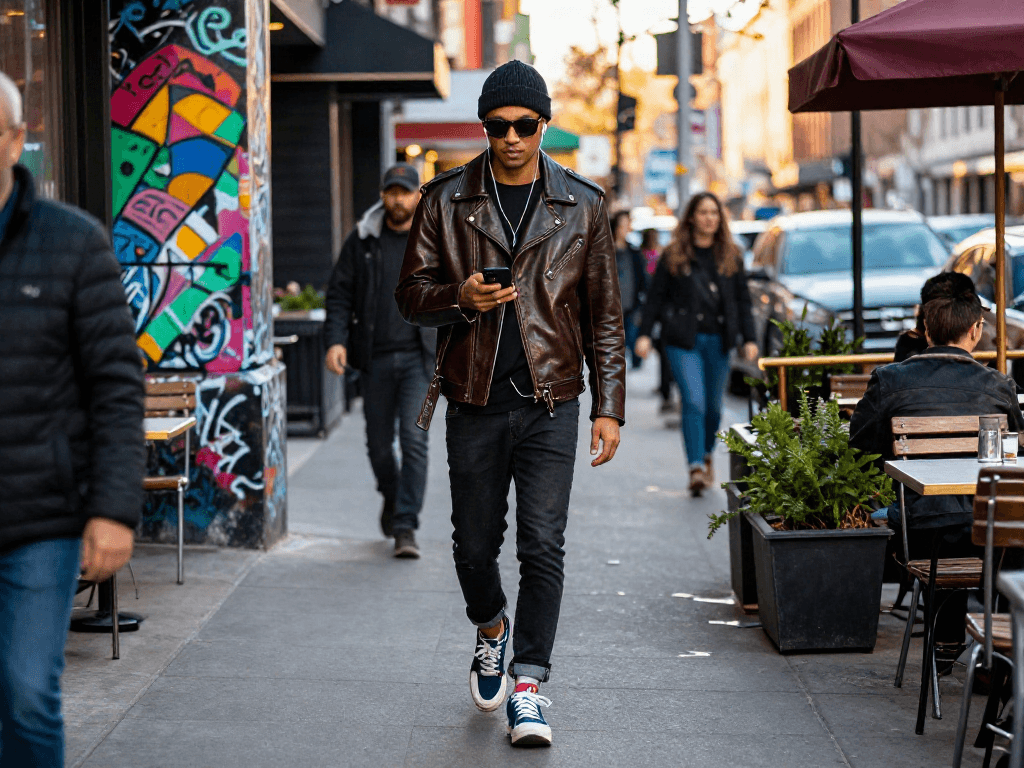 Stylish individual in a leather jacket walking confidently through a vibrant urban street.