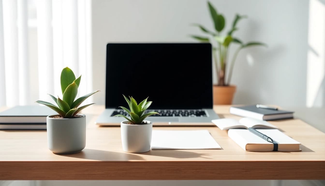 Visualisation d'un espace de travail moderne sur https://kolivent.com avec un bureau organisé et lumineux.