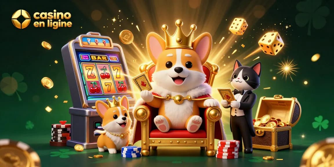 Jouer au casino en ligne avec un corgi royal entouré d'éléments de jeux dynamiques.
