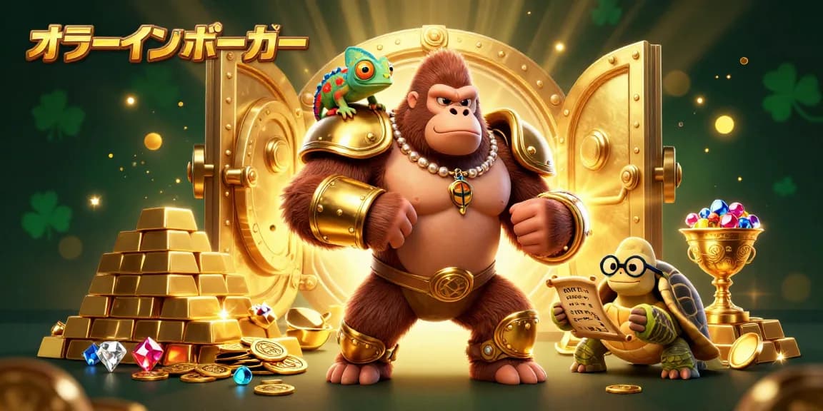 オンラインポーカーの王が金色の戦甲を着て勝利を示すイラスト。