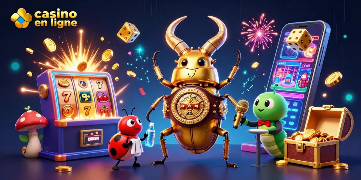 Vivez des aventures excitantes avec casino en ligne dans cette illustration dynamique de personnages et éléments de jeu.