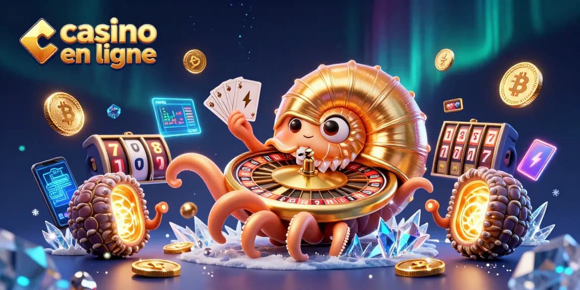 Profitez de l'excitation d'un casino en ligne avec un nautilus géant et éléments de crypto-monnaie lumineux.
