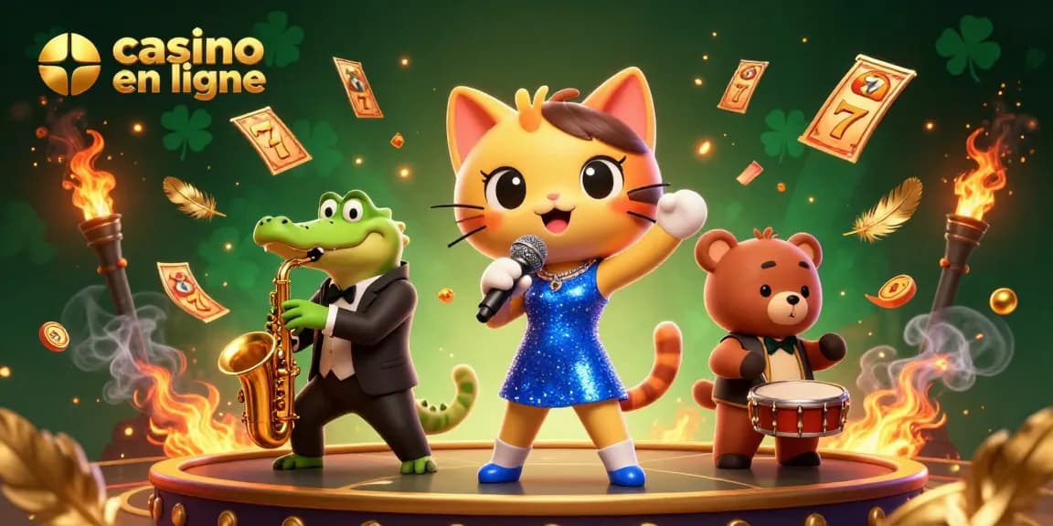 Profiter d'une ambiance de casino en ligne avec ce chat chanteur jazzy, un crocodile saxophoniste et un ourson batteur.