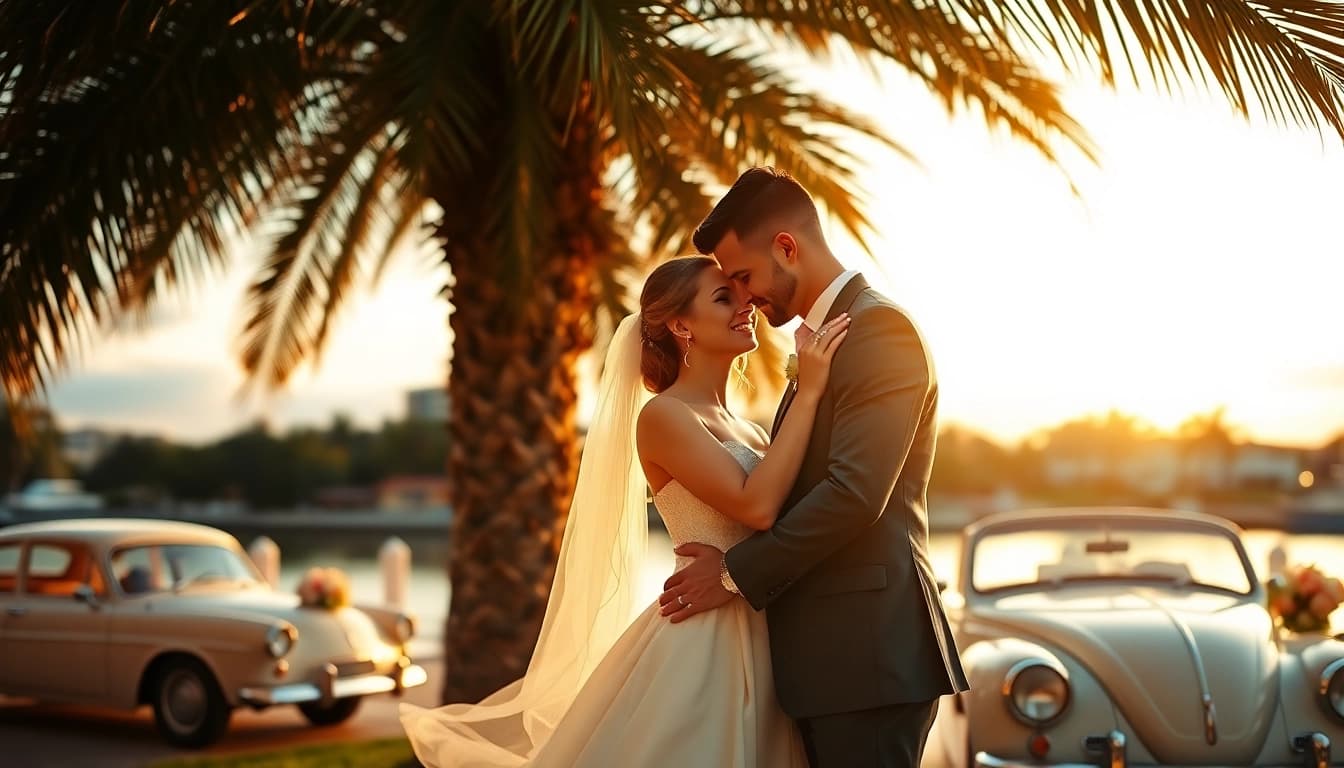 wedding photography in tampa fl: romantic couple embracing at sunset under palm trees