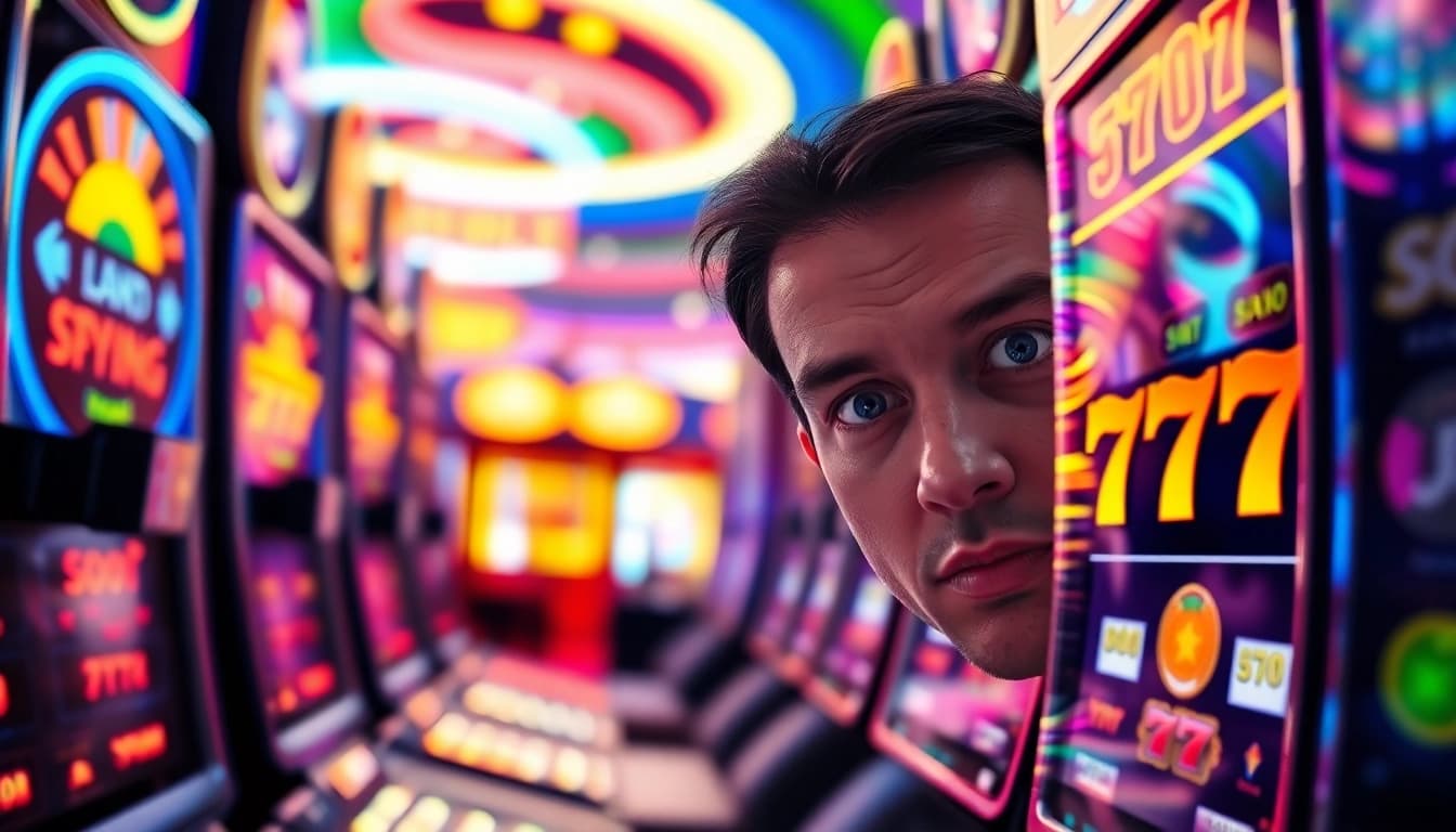 Play thrilling slot777 games in a lively casino filled with colorful lights and excited players.