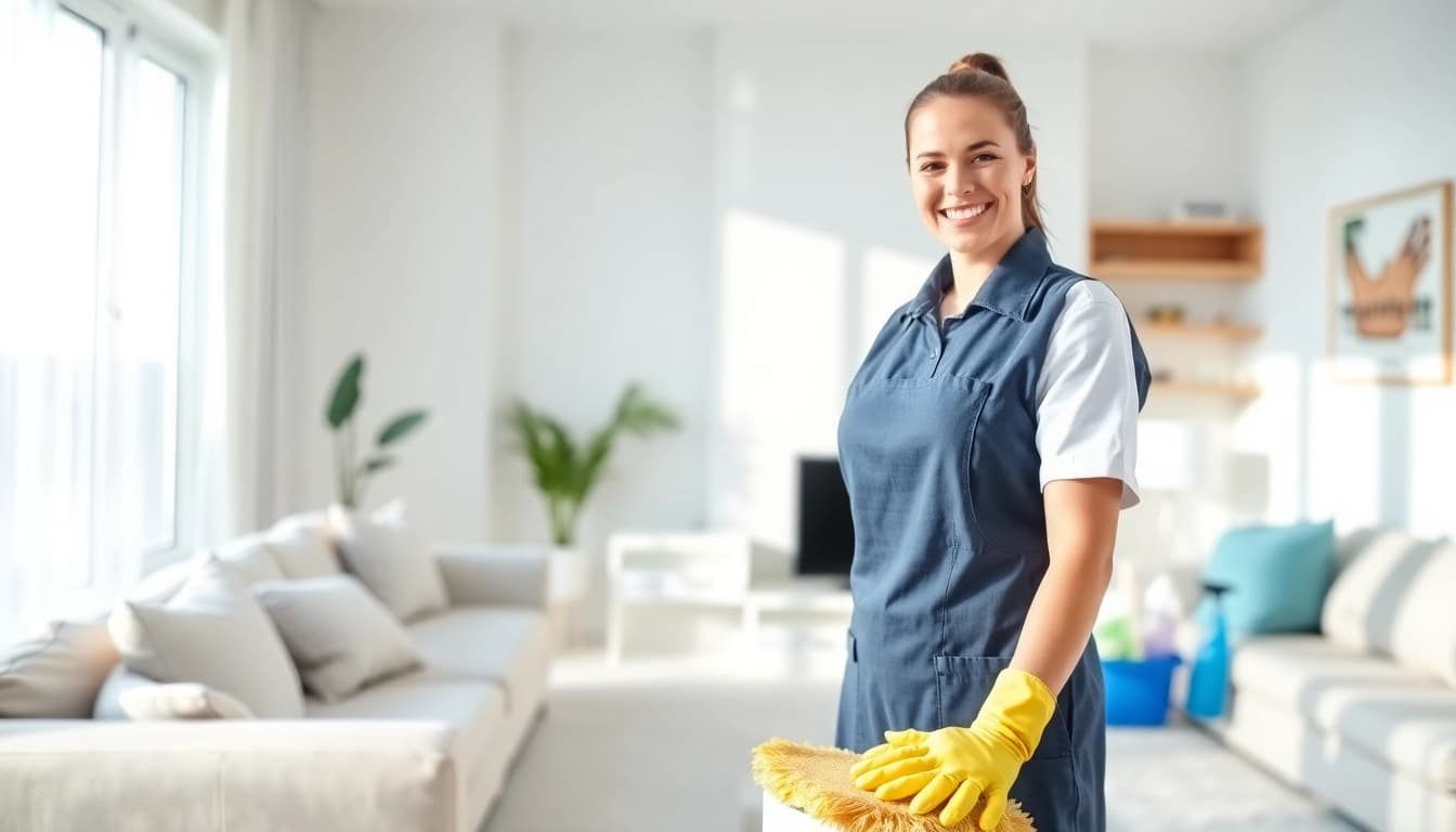 Thorough cleaning service in action showcasing a sparkling clean living space and a professional cleaner.