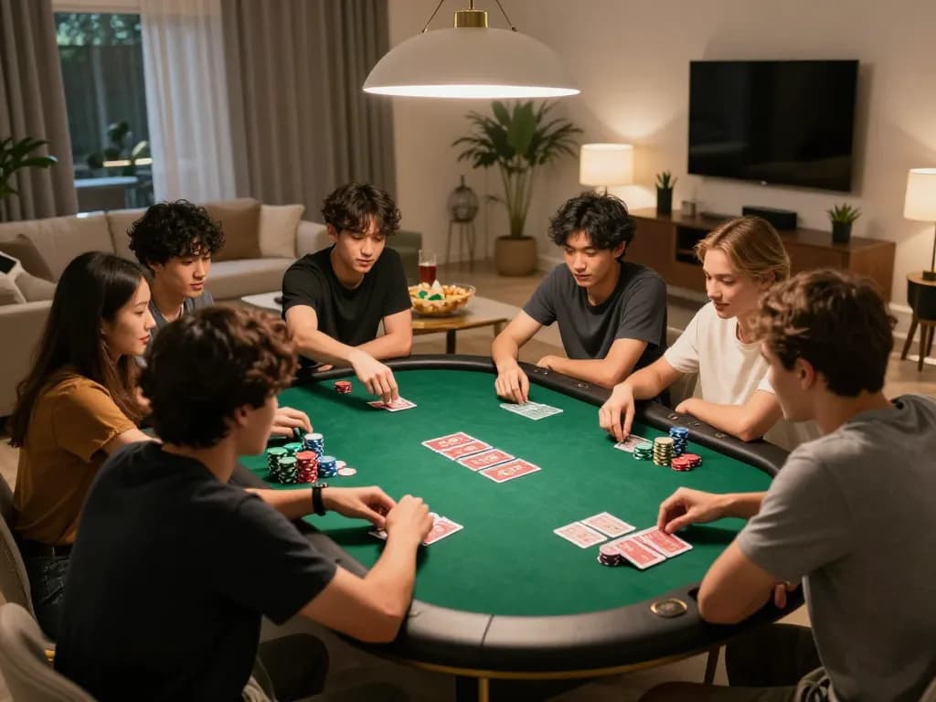Malam poker yang menyenangkan dengan teman-teman menampilkan strategi hoki88 login alternatif dan aksi permainan di ruang tamu yang nyaman.