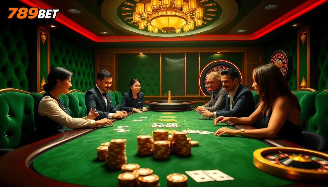 An exciting poker game at 789BET casino featuring professional dealers and vibrant chips.