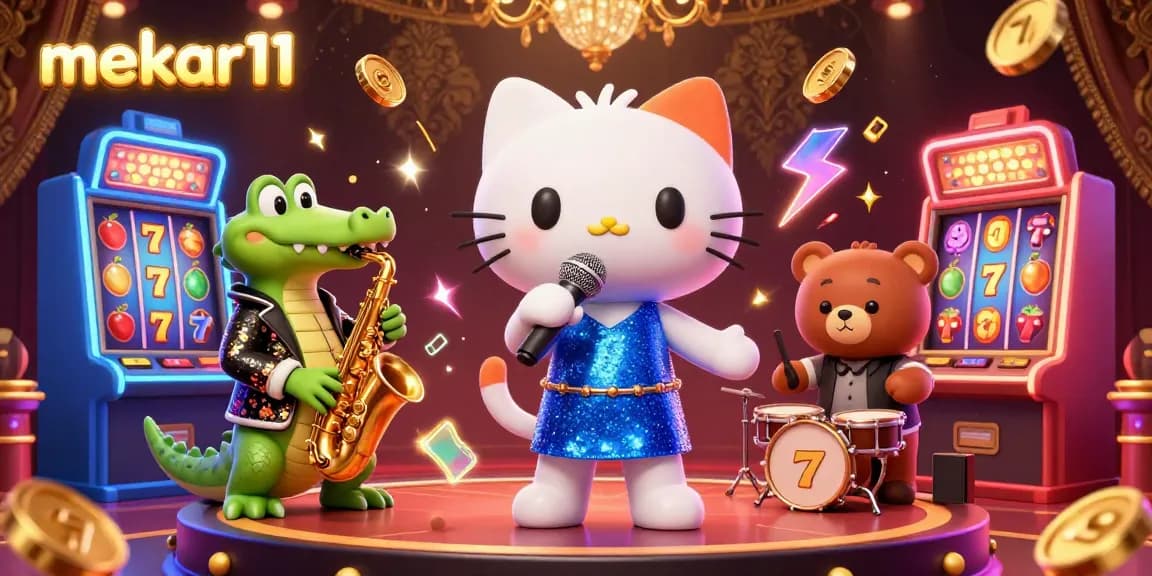 Mekar11 showcases vibrant casino entertainment with a jazzy cat, saxophone-crocodile, and a drumming bear cub.
