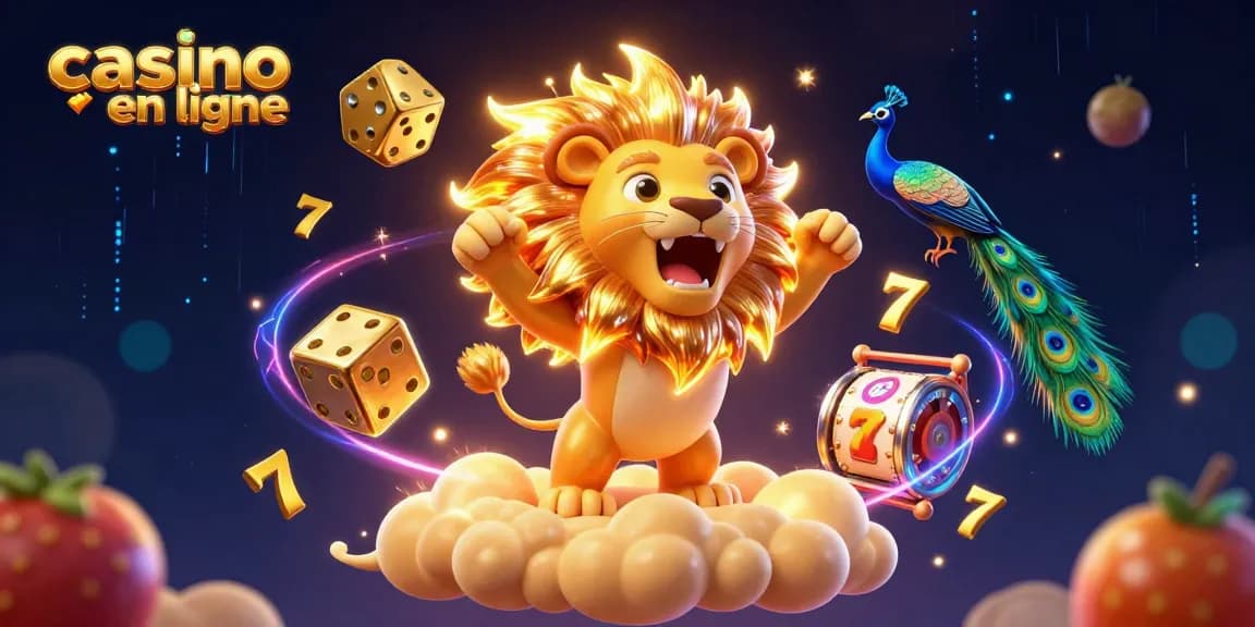 Illustration dynamique de casino en ligne avec un lion solaire et des machines à sous.
