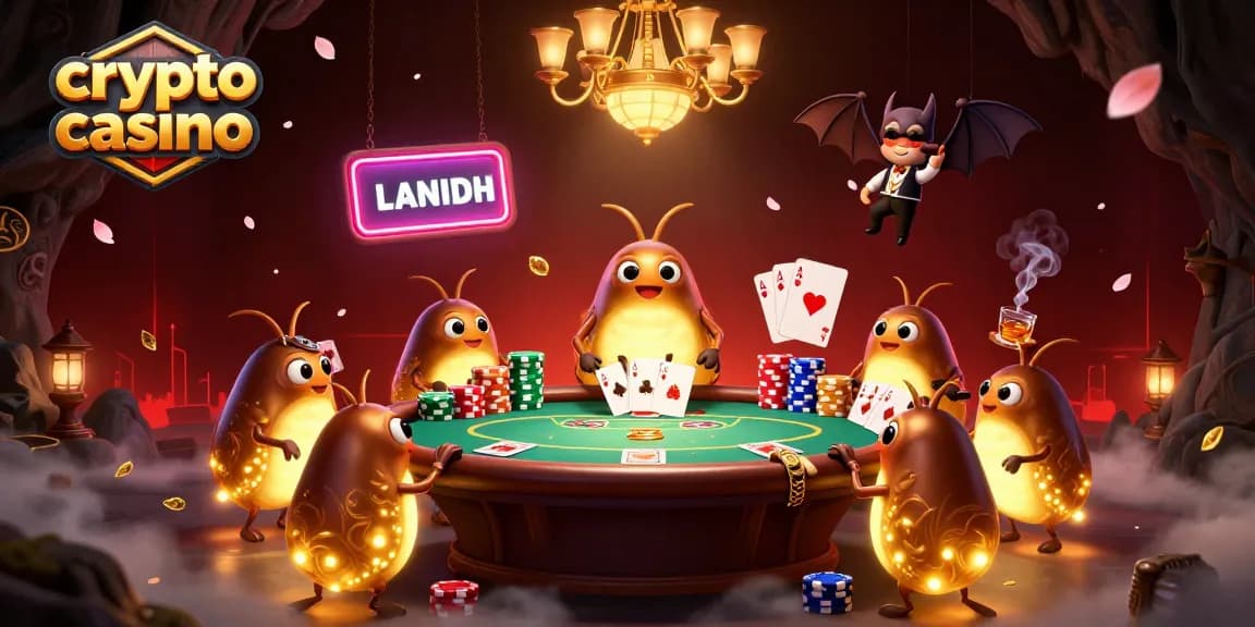 Jouez dans un crypto casino lumineux, entouré de vers luisants et de jeux de cartes.