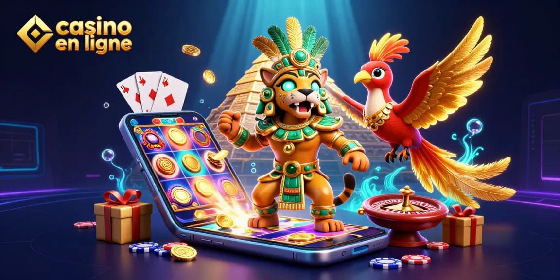 Casino en ligne avec un prêtre jaguar et jeux de hasard colorés en arrière-plan