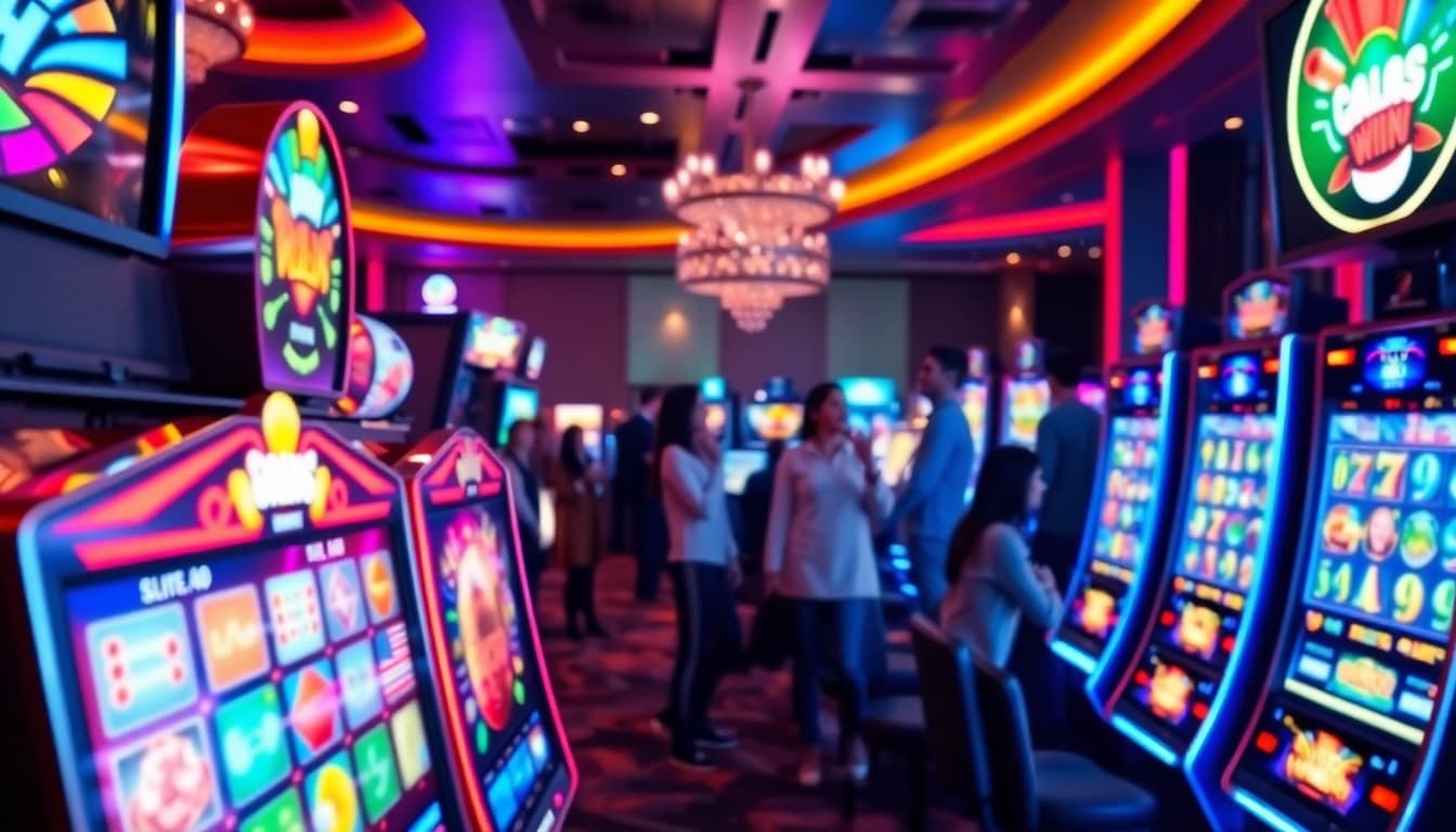 Memenangkan slot deposit 1000 dengan slot machines yang penuh cahaya dan suasana kasino yang meriah.