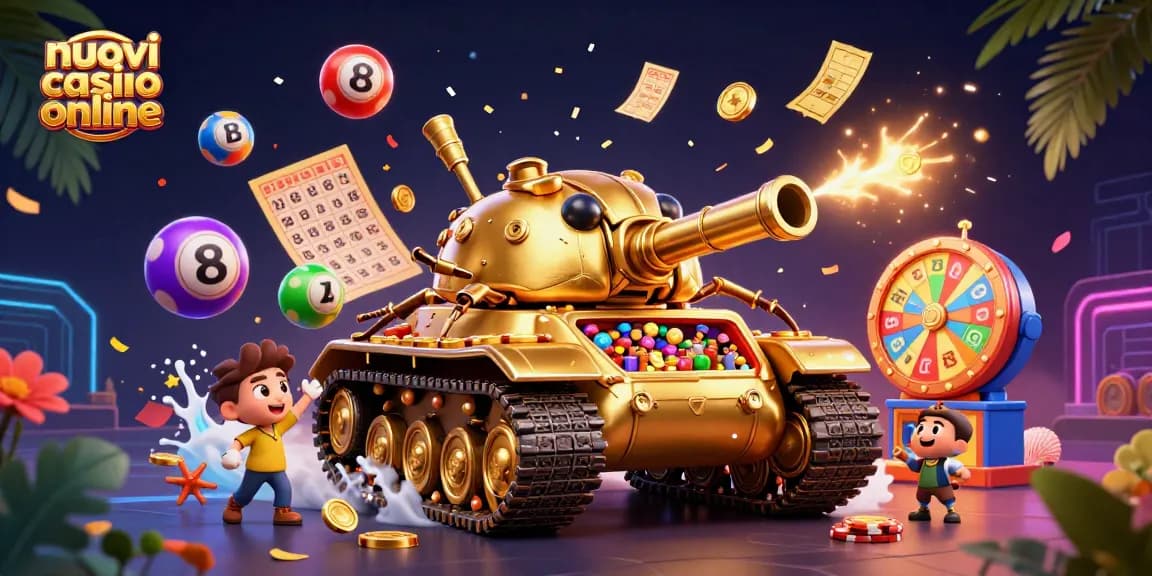 Scopri i nuovi casino online tramite una rappresentazione vivace di un carro armato dorato con casino interno.