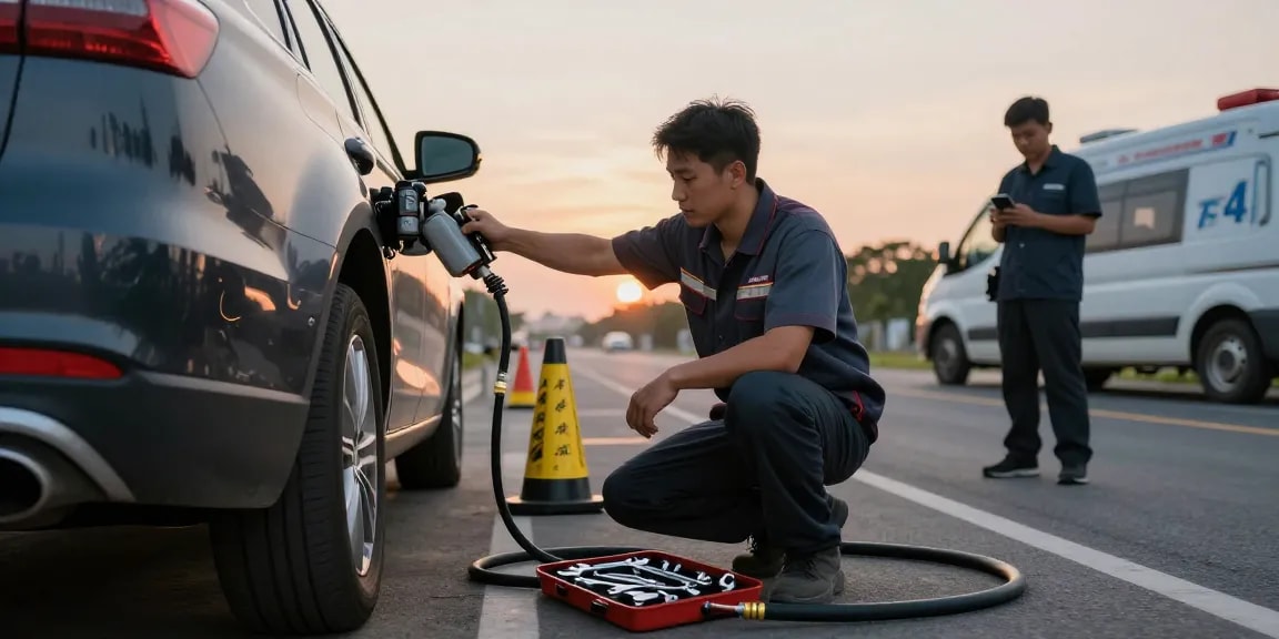 Technician draining wrong fuel in car at roadside service, showcasing urgency in wrong fuel recovery.