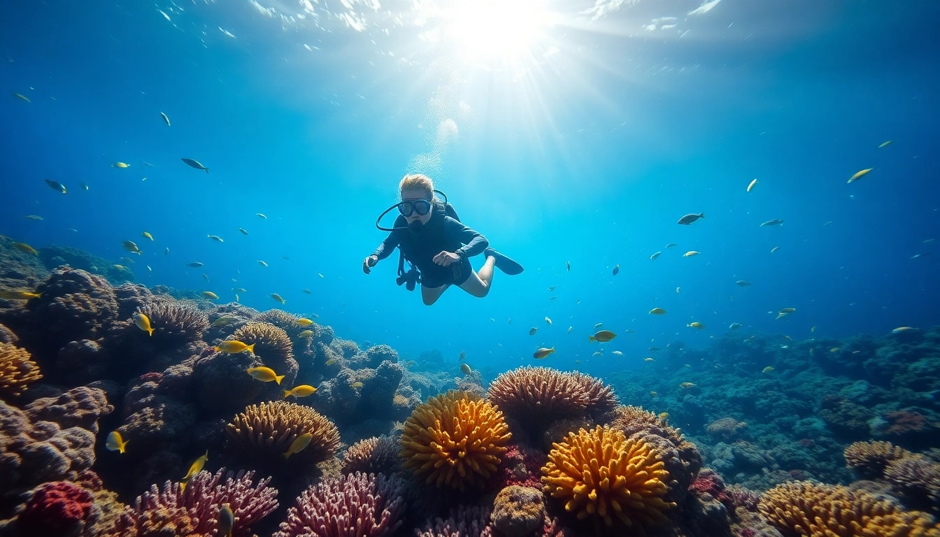 Tauchen Lernen unter Wasser mit bunten Korallen und vielfältigem Meeresleben.
