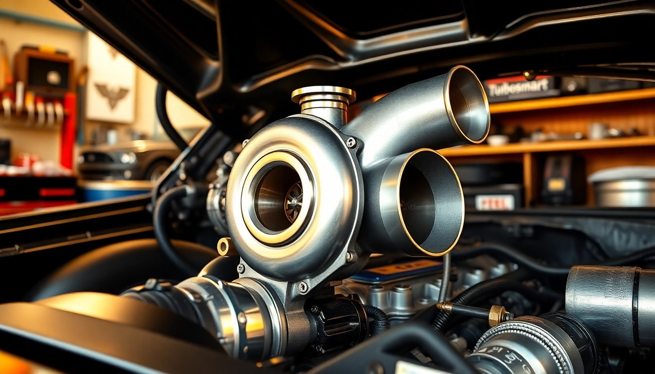 Turbosmart street performance turbo showcased in a high-powered car engine bay with precision engineering details.