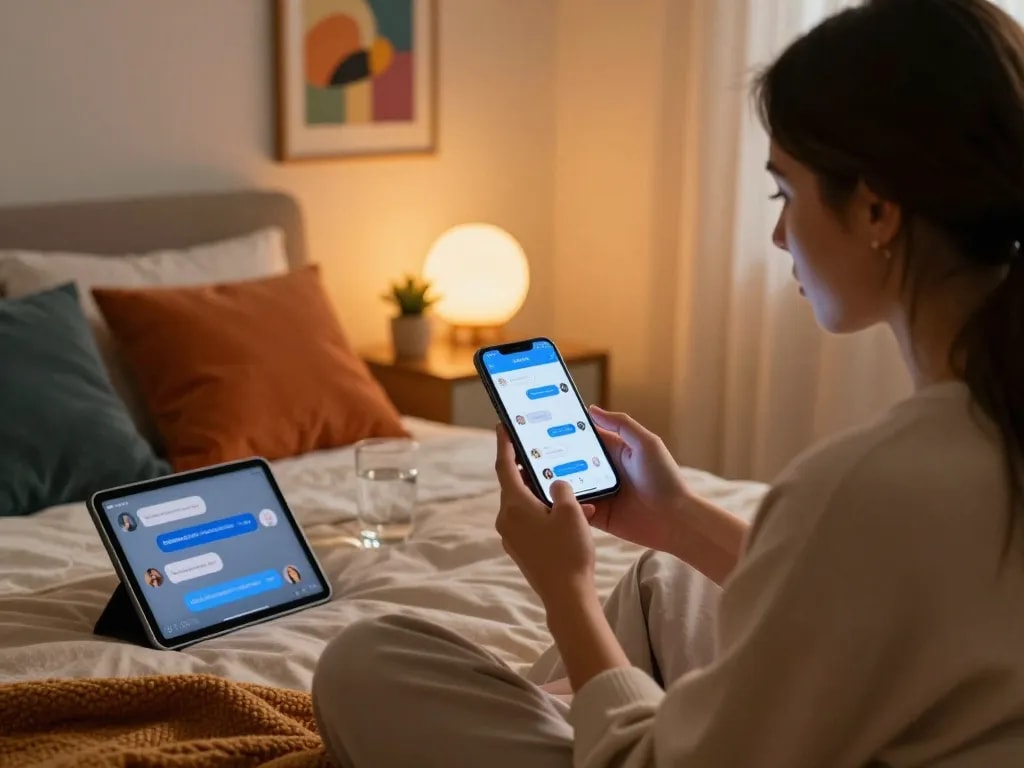 Sexting AI interaction in a cozy bedroom setting with engaging smartphone interface