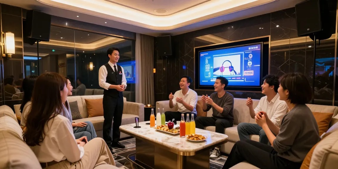 강남쩜오에서 프리미엄 가라오케 경험을 제공하는 세련된 인테리어와 전문 직원의 환영 모습