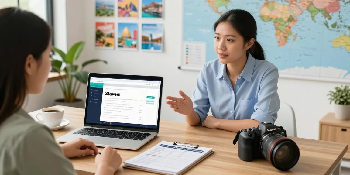 Engaging discussion on travel agent payment options with a customer in a bright travel agency office.
