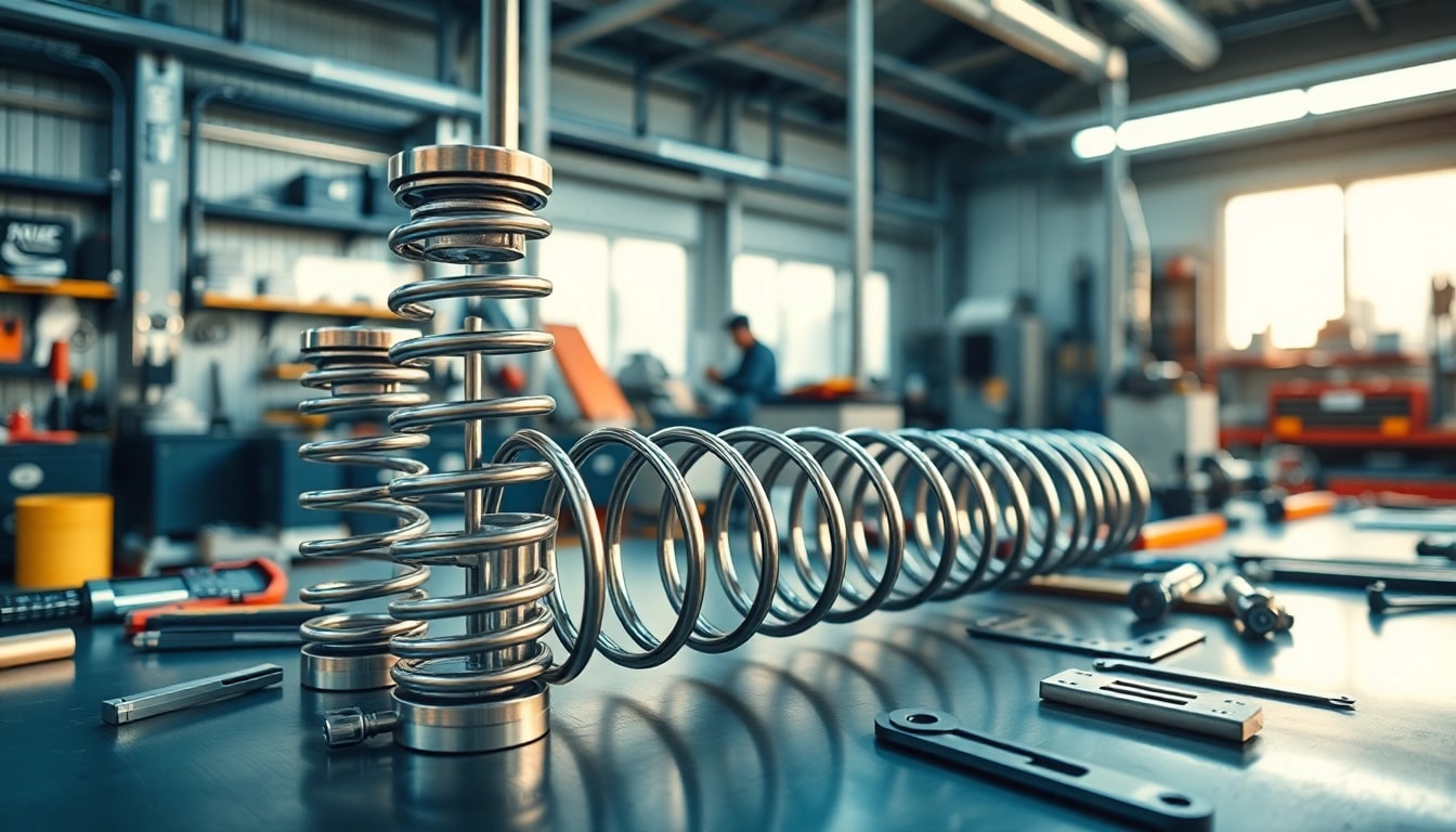 Gas Spring Supplier showcasing high-quality gas springs on a workbench in a vibrant workshop.
