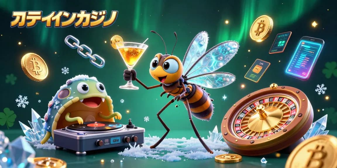 オンラインカジノのテーマで、魅力的なモスキートとDJがデジタルゲームを楽しむシーン。