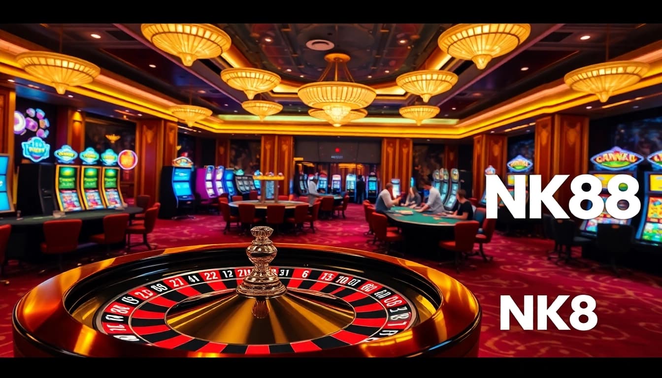 Players enjoying various games at NK88 Casino, including poker and roulette in a luxurious setting.