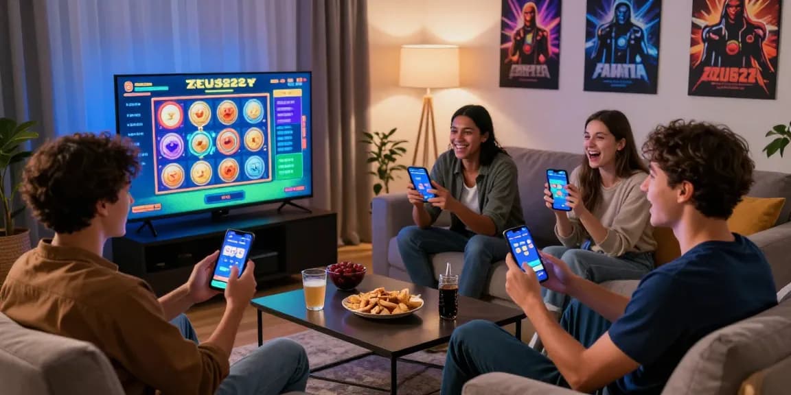 Slot gaming experience with friends using ZEUS222 app in a cozy living room.