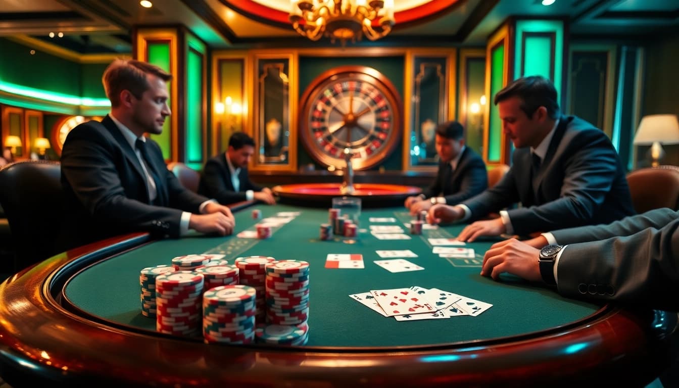 Pemain yang terlibat dalam judi poker di meja kasino mewah, menampilkan aksi taruhan tinggi dan kegembiraan.