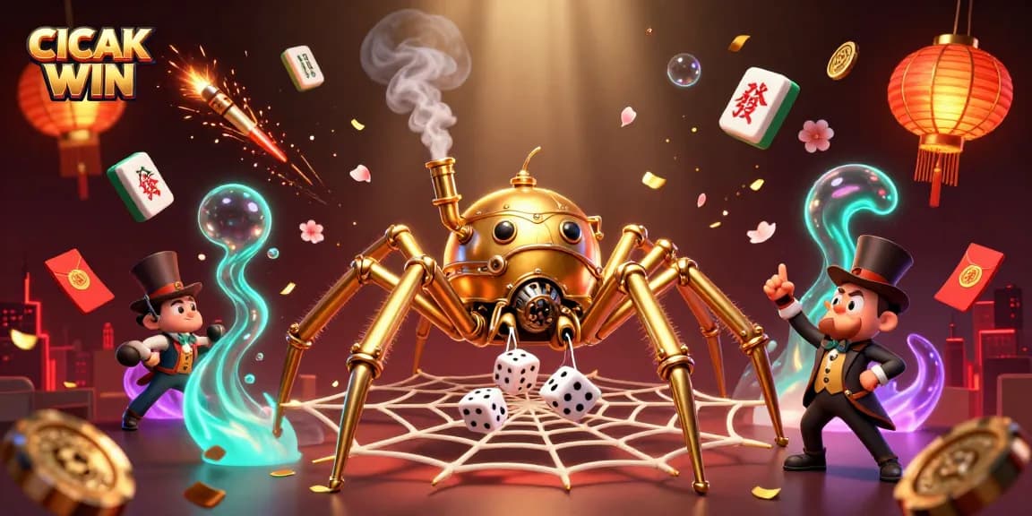 CICAK WIN captures the excitement of winning with steampunk characters in a vibrant casino scene filled with golden game elements.
