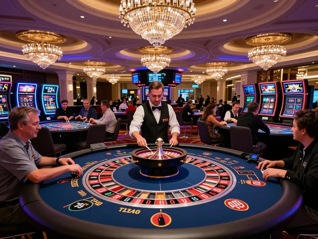 Exciting gameplay at 79 king casino with players at roulette tables in vibrant lighting