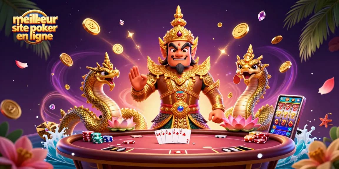 Jouez au meilleur site de poker en ligne avec une scène dynamique de gardien de temple, jetons multicolores et une main gagnante.