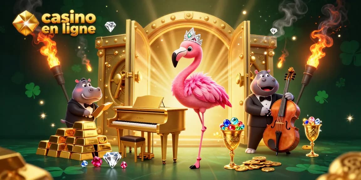 Jouez sur un casino en ligne avec cette illustration ludique mettant en scène un flamingo chanteur et un hippopotame musicien.