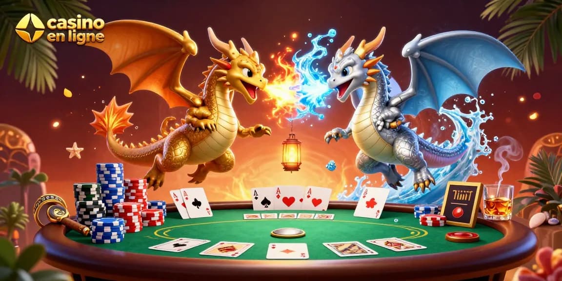 Jouez au casino en ligne avec des dragons 3D, tables de poker, et ambiance dynamique.