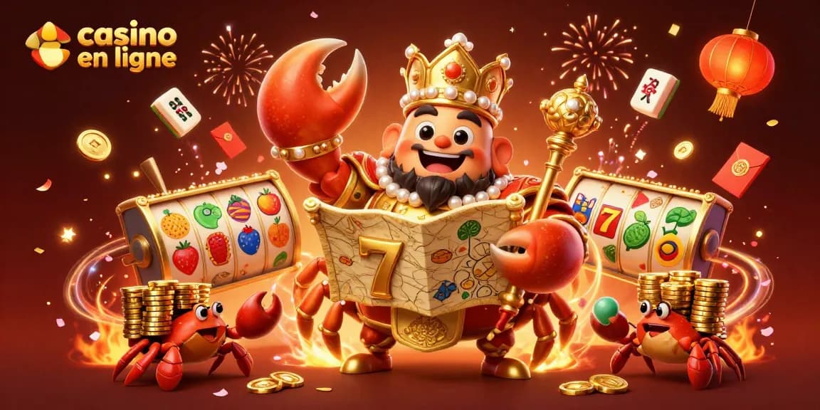 Visitez un casino en ligne captivant avec un empereur crabe en or et des jetons d'or.