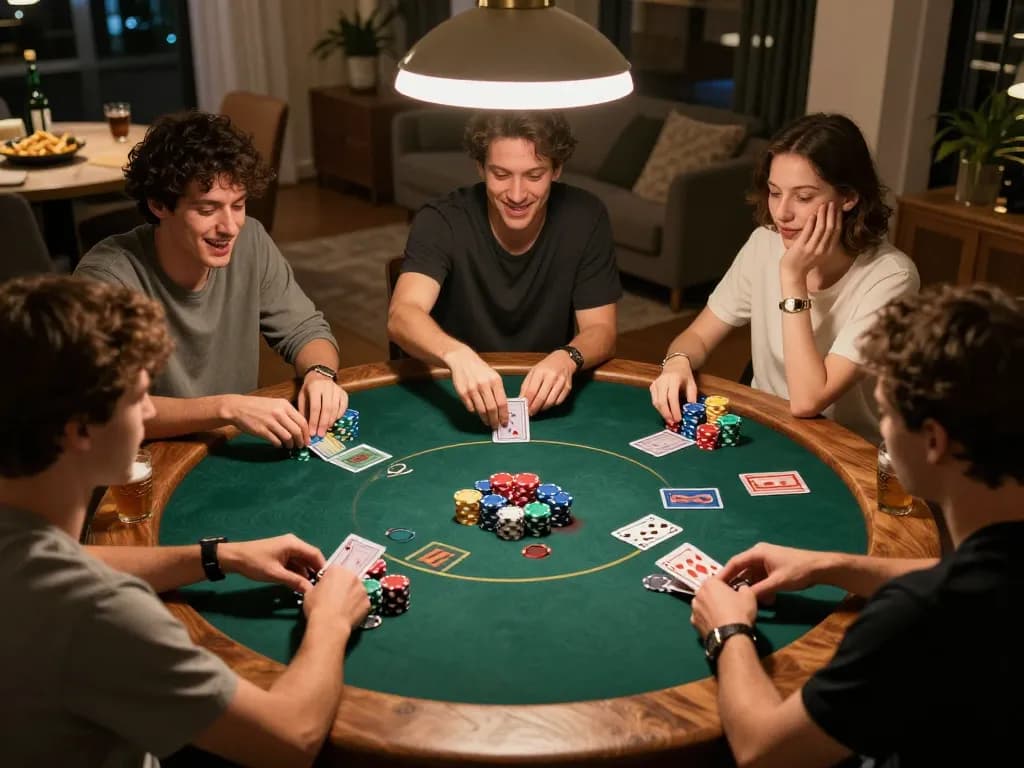 Players strategizing during a Kèo nhà cái poker game night, vibrant atmosphere with chips and cards.