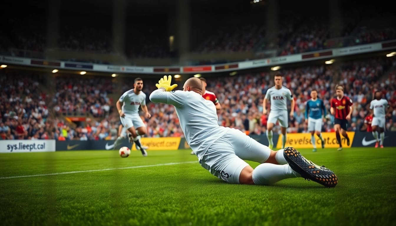 Goalkeeper saving a penalty shot during a soccer match related to บอล-วัน-นี้.