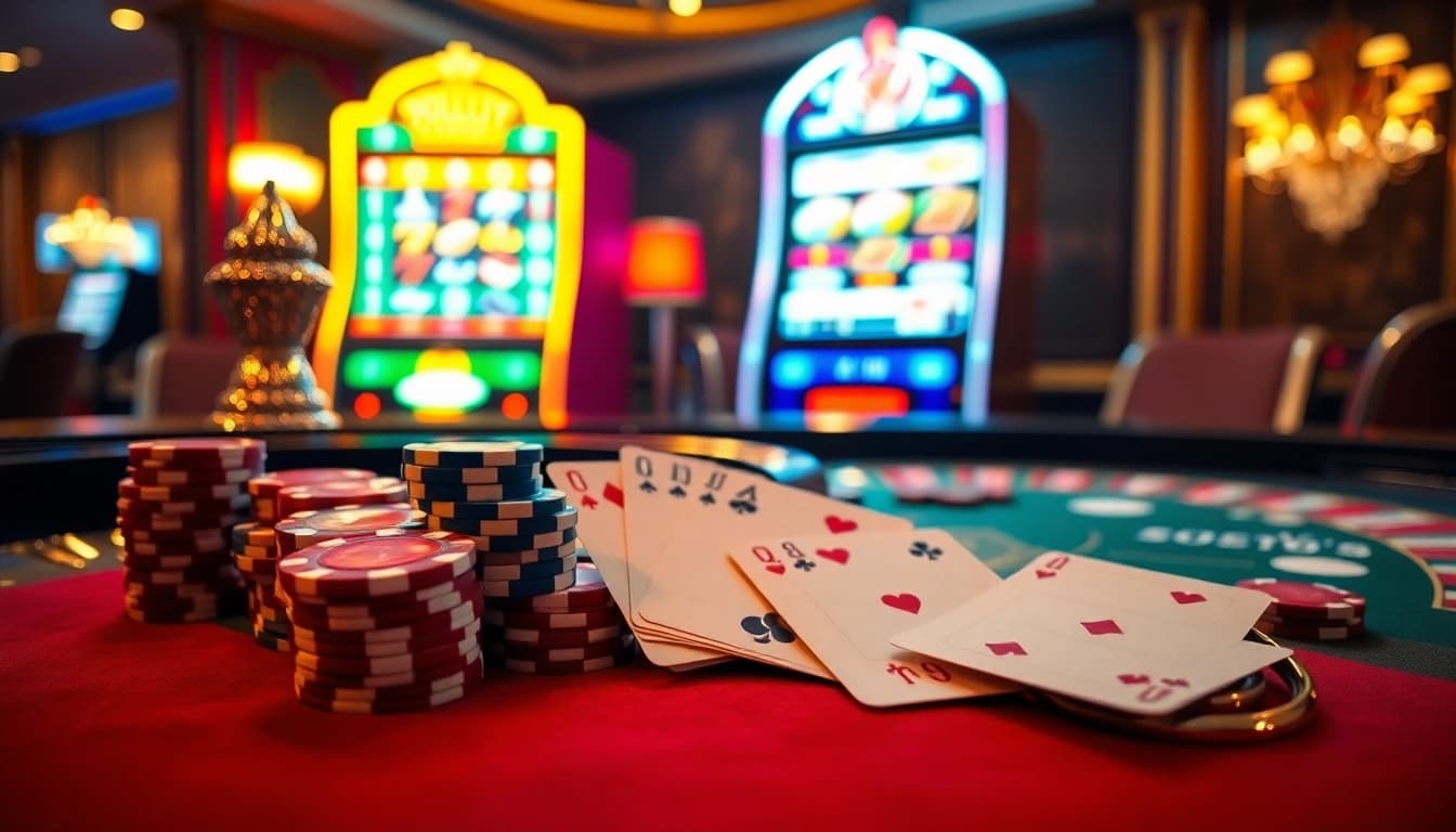 Engaging scene of 'Tool xo so sieu toc' featuring poker cards and chips in a vibrant casino environment.